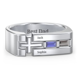Men’s Squared Cross Ring with Baguette Gemstones in 925 Sterling Silver with Blue Sapphire and Smokey Quartz