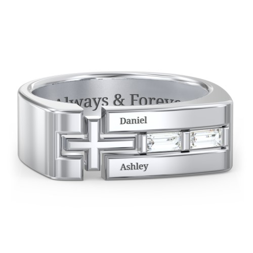 Men’s Squared Cross Ring with Baguette Gemstones – Sterling Silver with Diamond
