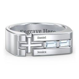 Men’s Squared Cross Ring with Baguette Gemstones in 925 Sterling Silver with Aquamarine