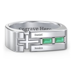 Men’s Squared Cross Ring with Baguette Gemstones in 925 Sterling Silver with Emerald