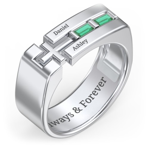 Men’s Squared Cross Ring with Baguette Gemstones – Sterling Silver with Emerald