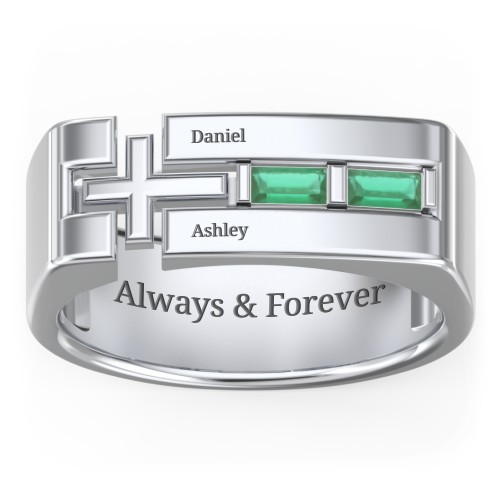 Men’s Squared Cross Ring with Baguette Gemstones – Sterling Silver with Emerald