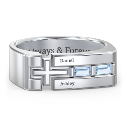 Men’s Squared Cross Ring with Baguette Gemstones – Sterling Silver with Blue Topaz