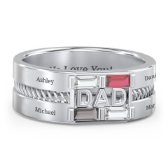 Men’s “Dad” Ring with Baguette Cut Gemstones – Sterling Silver with Cubic Zirconia, Garnet, and Smokey Quartz