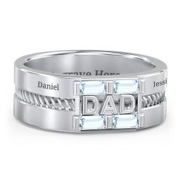 Men’s “Dad” Ring with Baguette Cut Gemstones in 925 Sterling Silver with Aquamarine