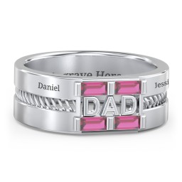 Men’s “Dad” Ring with Baguette Cut Gemstones in 925 Sterling Silver with Ruby