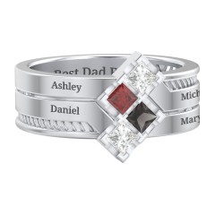 Men’s Family Ring with Princess Cut Stones – Sterling Silver with Cubic Zirconia, Garnet, and Smokey Quartz