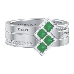 Men’s Family Ring with Princess Cut Stones in 925 Sterling Silver with Emerald