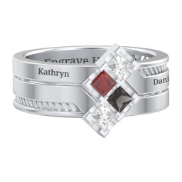 Men’s Family Ring with Princess Cut Stones in 925 Sterling Silver with Cubic Zirconia, Garnet, and Smokey Quartz