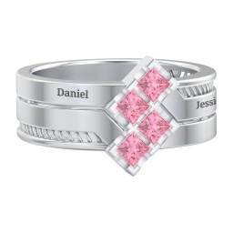 Men’s Family Ring with Princess Cut Stones in 925 Sterling Silver with Pink Tourmaline