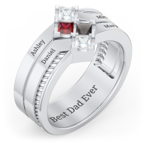Men’s Family Ring with Princess Cut Stones – Sterling Silver with Cubic Zirconia, Garnet, and Smokey Quartz