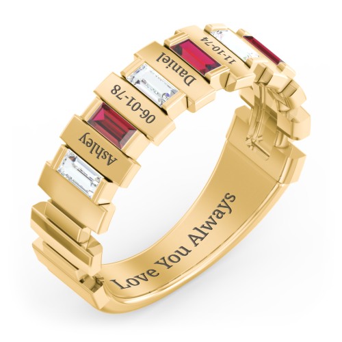 Men's 6-Stone Vertical Baguette Ring – 9kt Yellow Gold with Cubic Zirconia and Garnet