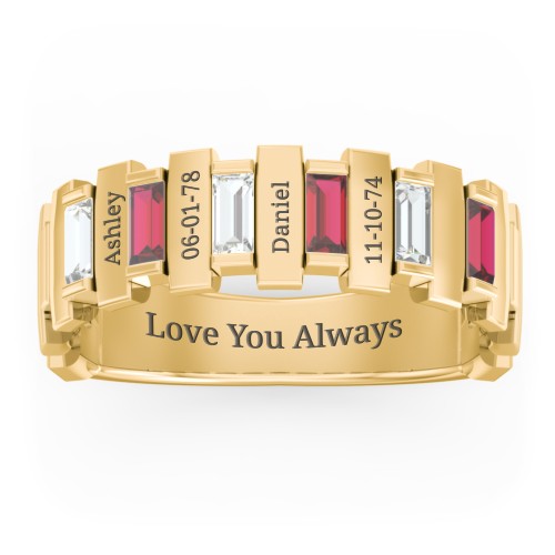 Men's 6-Stone Vertical Baguette Ring – 9kt Yellow Gold with Cubic Zirconia and Garnet