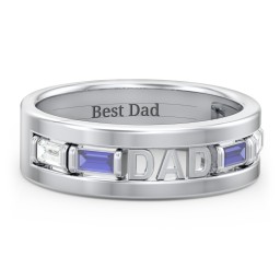 Men’s “Dad” Family Ring with Baguette Birthstones in 925 Sterling Silver with Cubic Zirconia and Blue Sapphire