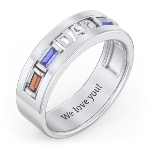 Men’s “Dad” Family Ring with Baguette Birthstones – Sterling Silver with Garnet, Blue Sapphire, and Cubic Zirconia