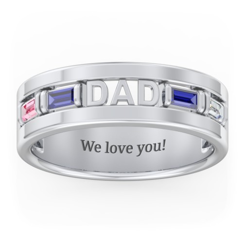 Men’s “Dad” Family Ring with Baguette Birthstones – Sterling Silver with Pink Tourmaline, Blue Sapphire, and Cubic Zirconia