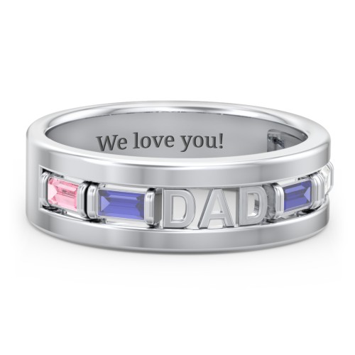Men’s “Dad” Family Ring with Baguette Birthstones – Sterling Silver with Pink Tourmaline, Blue Sapphire, and Cubic Zirconia