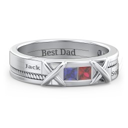 Men's 2-Stone Family Ring with “X” Stitch Detail in 925 Sterling Silver with Blue Sapphire and Garnet