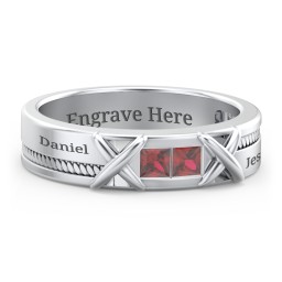 Men's 2-Stone Family Ring with “X” Stitch Detail