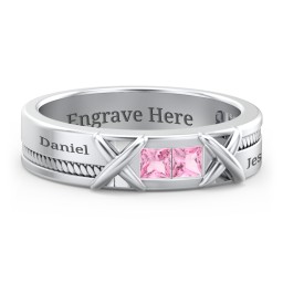 Men's 2-Stone Family Ring with “X” Stitch Detail