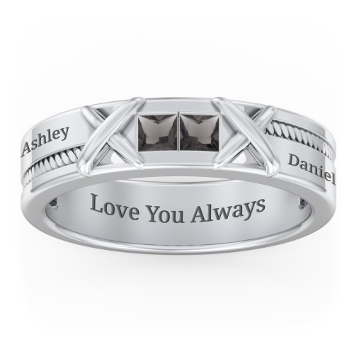 Men's 2-Stone Family Ring with “X” Stitch Detail