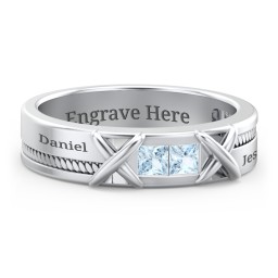 Men's 2-Stone Family Ring with “X” Stitch Detail in 925 Sterling Silver with Aquamarine