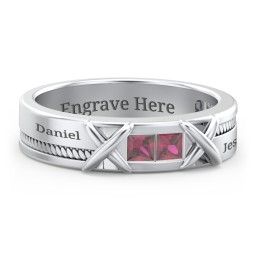 Men's 2-Stone Family Ring with “X” Stitch Detail in 925 Sterling Silver with Ruby