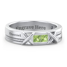 Men's 2-Stone Family Ring with “X” Stitch Detail in 925 Sterling Silver with Peridot