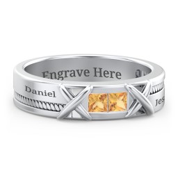 Men's 2-Stone Family Ring with “X” Stitch Detail in 925 Sterling Silver with Citrine