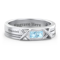 Men's 2-Stone Family Ring with “X” Stitch Detail in 925 Sterling Silver with Blue Topaz