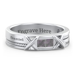 Men's 2-Stone Family Ring with “X” Stitch Detail in 925 Sterling Silver with Alexandrite