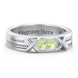 Men's 2-Stone Family Ring with “X” Stitch Detail in 925 Sterling Silver with Peridot