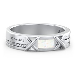 Men's 2-Stone Family Ring with “X” Stitch Detail in 925 Sterling Silver with Opal