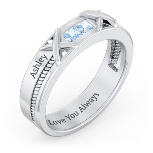 Men's 2-Stone Family Ring with “X” Stitch Detail – Sterling Silver with Aquamarine