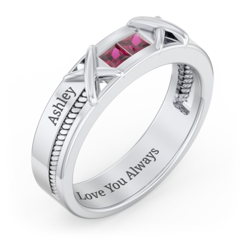 Men's 2-Stone Family Ring with “X” Stitch Detail – Sterling Silver with Ruby
