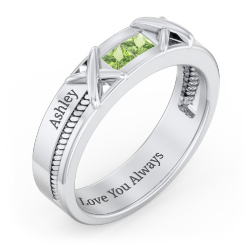 Men's 2-Stone Family Ring with “X” Stitch Detail – Sterling Silver with Peridot
