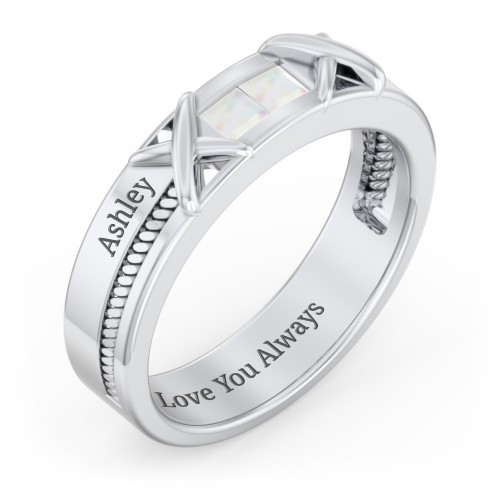 Men's 2-Stone Family Ring with “X” Stitch Detail – Sterling Silver with Opal