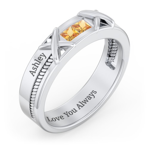 Men's 2-Stone Family Ring with “X” Stitch Detail – Sterling Silver with Citrine