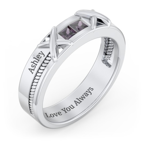 Men's 2-Stone Family Ring with “X” Stitch Detail – Sterling Silver with Alexandrite