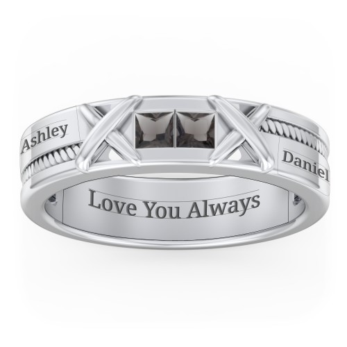 Men's 2-Stone Family Ring with “X” Stitch Detail – Sterling Silver with Smokey Quartz
