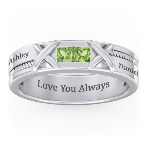 Men's 2-Stone Family Ring with “X” Stitch Detail – Sterling Silver with Peridot