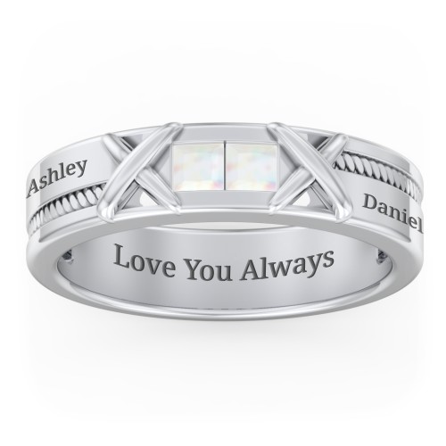 Men's 2-Stone Family Ring with “X” Stitch Detail – Sterling Silver with Opal