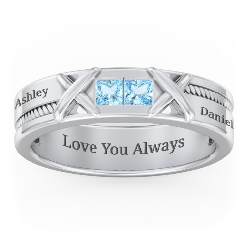Men's 2-Stone Family Ring with “X” Stitch Detail – Sterling Silver with Blue Topaz