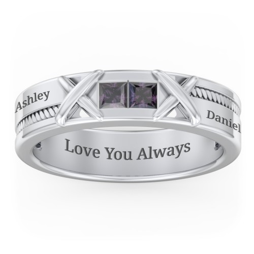 Men's 2-Stone Family Ring with “X” Stitch Detail – Sterling Silver with Alexandrite