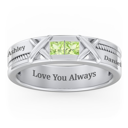 Men's 2-Stone Family Ring with “X” Stitch Detail – Sterling Silver with Peridot
