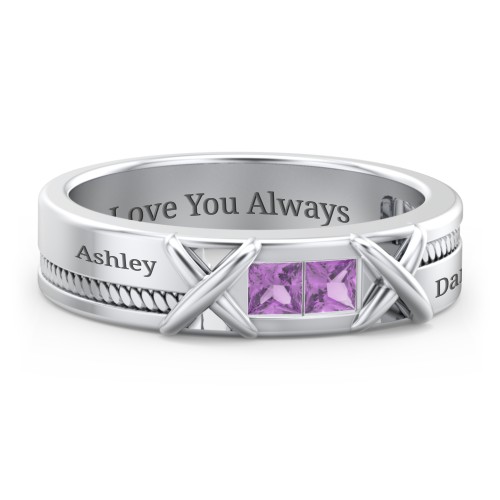 Men's 2-Stone Family Ring with “X” Stitch Detail – Sterling Silver with Amethyst