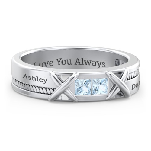 Men's 2-Stone Family Ring with “X” Stitch Detail – Sterling Silver with Aquamarine