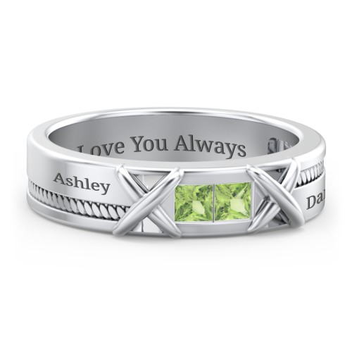 Men's 2-Stone Family Ring with “X” Stitch Detail – Sterling Silver with Peridot