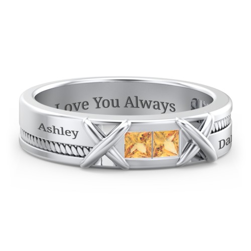 Men's 2-Stone Family Ring with “X” Stitch Detail – Sterling Silver with Citrine