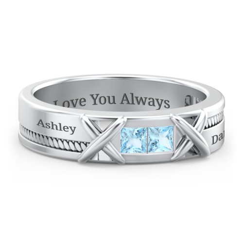 Men's 2-Stone Family Ring with “X” Stitch Detail – Sterling Silver with Blue Topaz